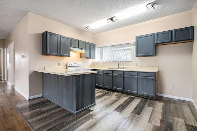 kitchen with baseboards, a sink, a peninsula, dark wood-style floors, and electric range