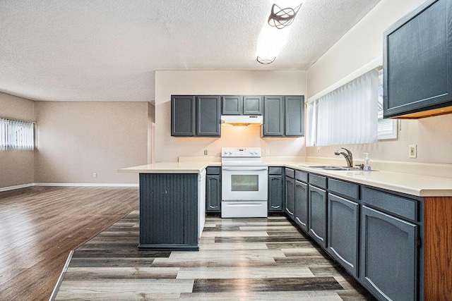 kitchen with a textured ceiling, under cabinet range hood, white electric range oven, a sink, and wood finished floors