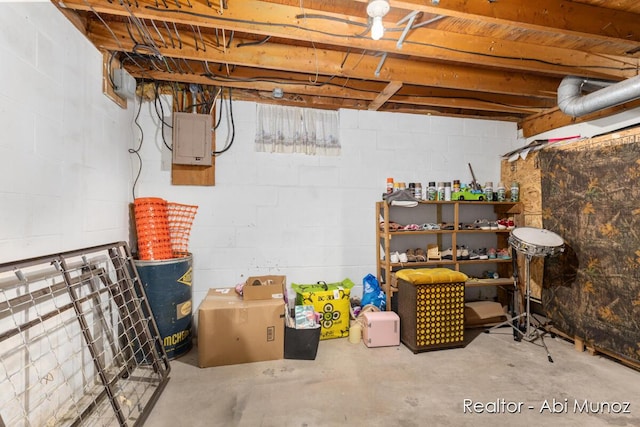 unfinished basement featuring electric panel