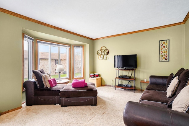carpeted living room with crown molding and baseboards