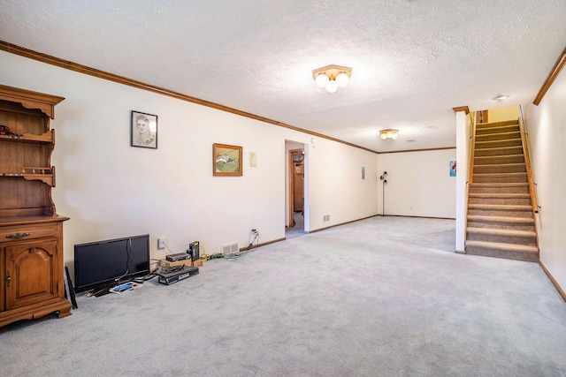 unfurnished living room featuring stairs, light colored carpet, crown molding, and a textured ceiling