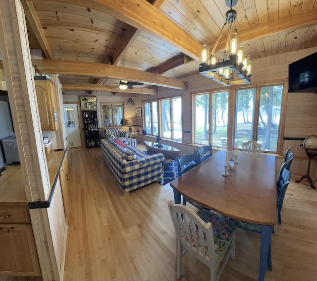 dining room featuring wooden walls, light wood-type flooring, wooden ceiling, and beam ceiling
