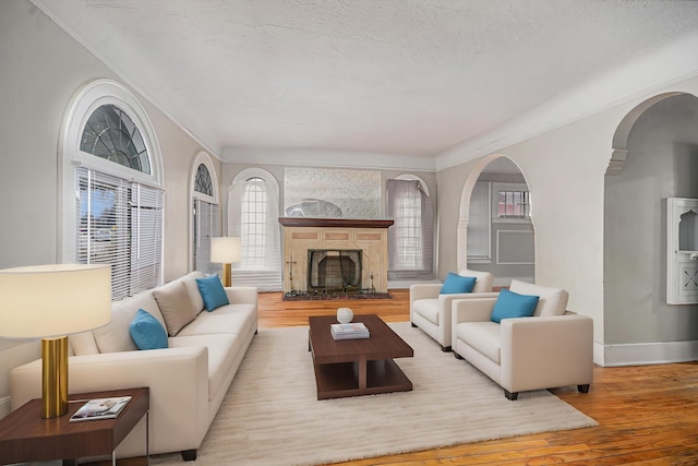 13605 Griggs St, Detroit, MI 48238 - living room with arched walkways, wood finished floors, baseboards, and a fireplace with raised hearth