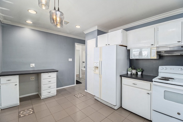 kitchen with ornamental molding, dark countertops, white appliances, and under cabinet range hood