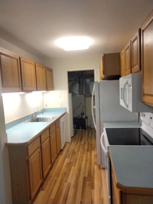 kitchen with a sink, light wood finished floors, white appliances, and brown cabinets