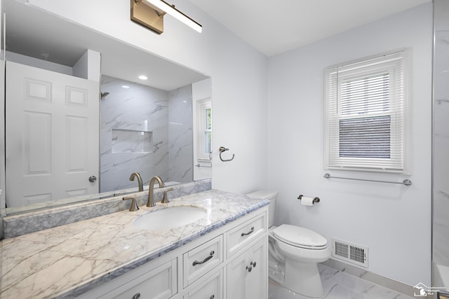 full bathroom featuring vanity, visible vents, toilet, marble finish floor, and a marble finish shower