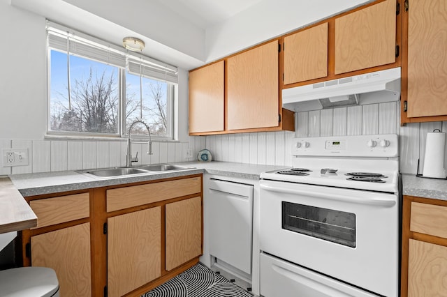 kitchen with under cabinet range hood, white appliances, light countertops, and a sink