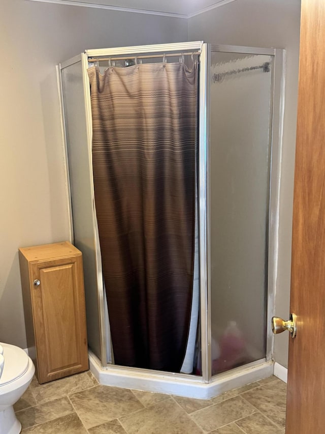 170 Tuttle Park Dr, Sherwood, MI 49089 - full bathroom featuring a shower stall, toilet, and baseboards