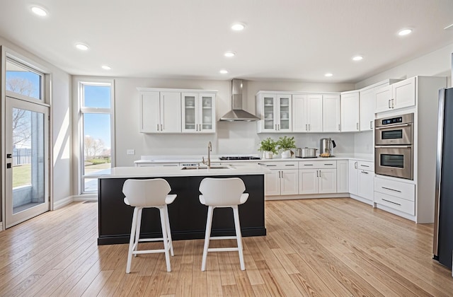 6376 Sterling Dr, Newport, MI 48166 - kitchen with wall chimney exhaust hood, a sink, light countertops, appliances with stainless steel finishes, and light wood-style flooring
