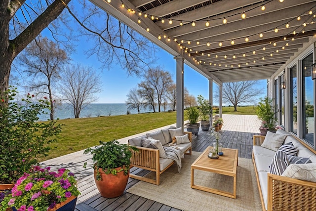 6376 Sterling Dr, Newport, MI 48166 - wooden deck with a water view, an outdoor living space, a pergola, and a yard