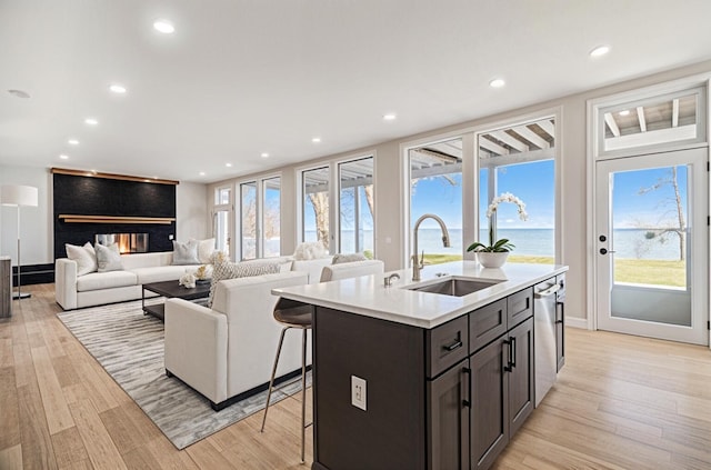 6376 Sterling Dr, Newport, MI 48166 - kitchen with an island with sink, light countertops, light wood-style floors, a breakfast bar area, and a sink