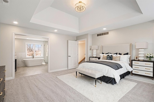 6376 Sterling Dr, Newport, MI 48166 - bedroom featuring a tray ceiling, light colored carpet, visible vents, and recessed lighting