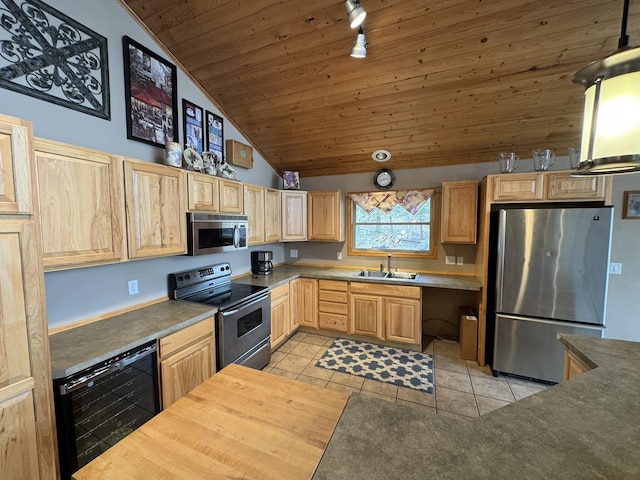 kitchen with wine cooler, light tile patterned flooring, light brown cabinets, wood ceiling, and appliances with stainless steel finishes
