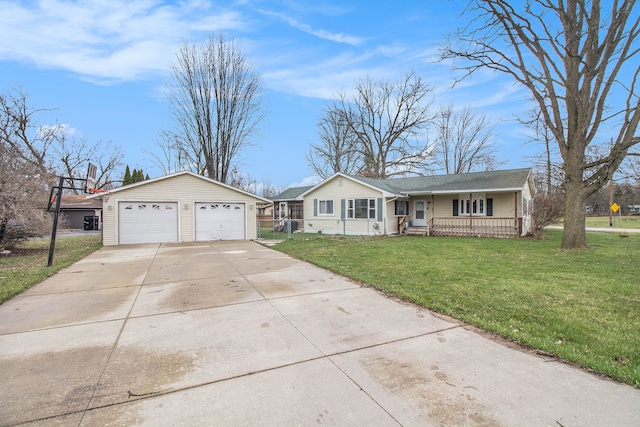 ranch-style house with a garage, an outbuilding, a porch, and a front lawn