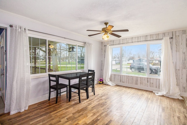 dining space featuring a ceiling fan, hardwood / wood-style floors, ornamental molding, and a wealth of natural light