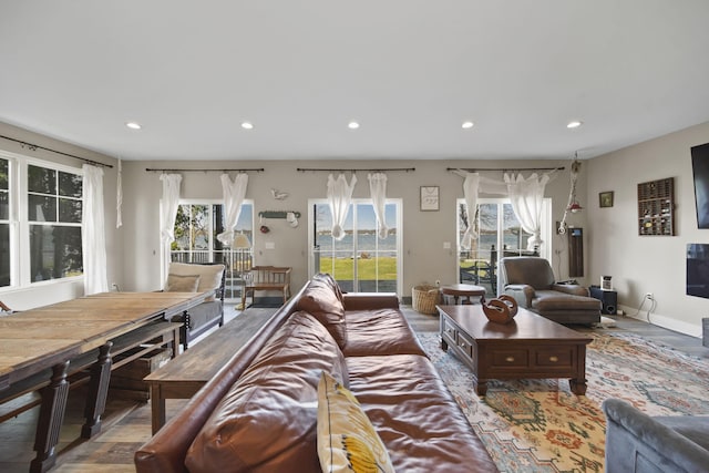 living room with recessed lighting and wood finished floors