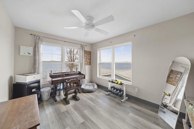 sitting room featuring a healthy amount of sunlight, ceiling fan, and a water view