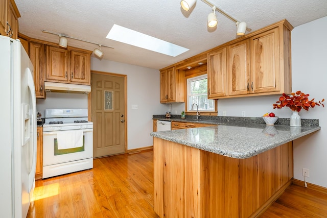 2532 Ridgewood Trl, Berrien Springs, MI 49103 - kitchen featuring track lighting, white appliances, a peninsula, under cabinet range hood, and a skylight