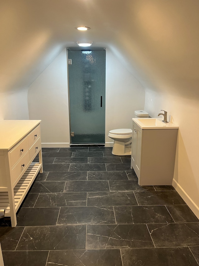 4651 Berkshire St, Detroit, MI 48224 - full bath with toilet, a stall shower, vanity, baseboards, and lofted ceiling
