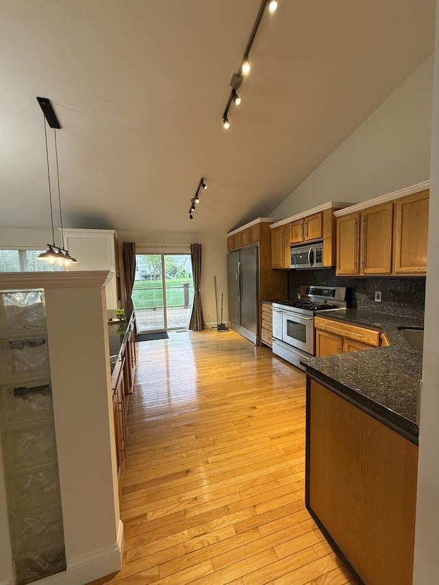 kitchen with tasteful backsplash, rail lighting, light wood finished floors, hanging light fixtures, and stainless steel appliances