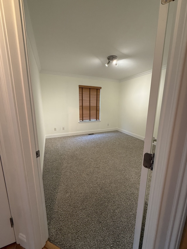 spare room featuring crown molding, carpet flooring, and baseboards