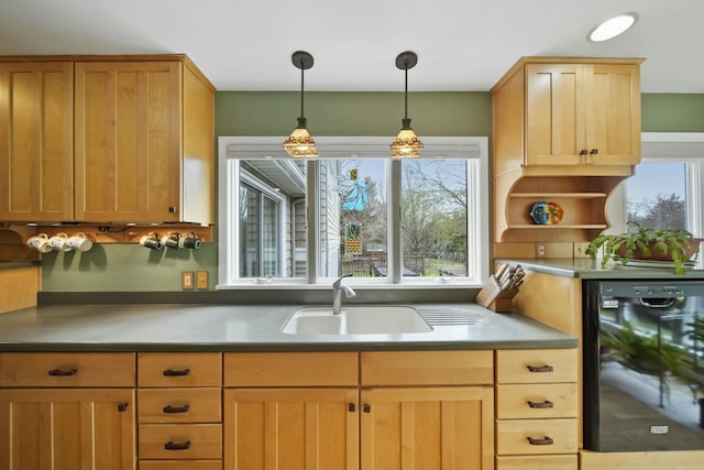 kitchen with open shelves, dishwasher, a sink, light brown cabinetry, and pendant lighting