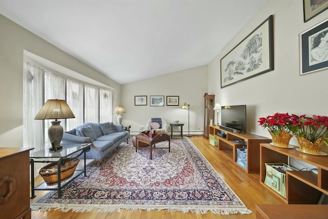 living area with wood finished floors, vaulted ceiling, and baseboard heating