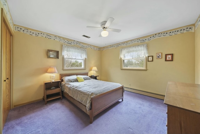 carpeted bedroom featuring baseboard heating, baseboards, visible vents, and ceiling fan