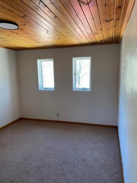 carpeted empty room with baseboards, a healthy amount of sunlight, and wood ceiling