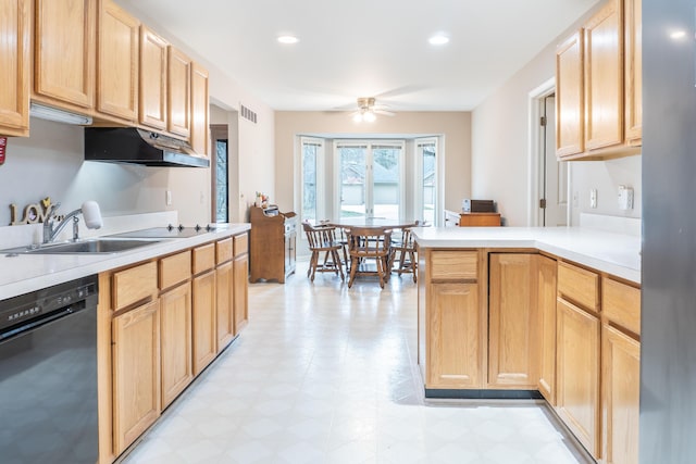 21329 Mulberry Ct, Farmington Hills, MI 48336 - kitchen featuring a peninsula, black dishwasher, visible vents, light floors, and light brown cabinetry