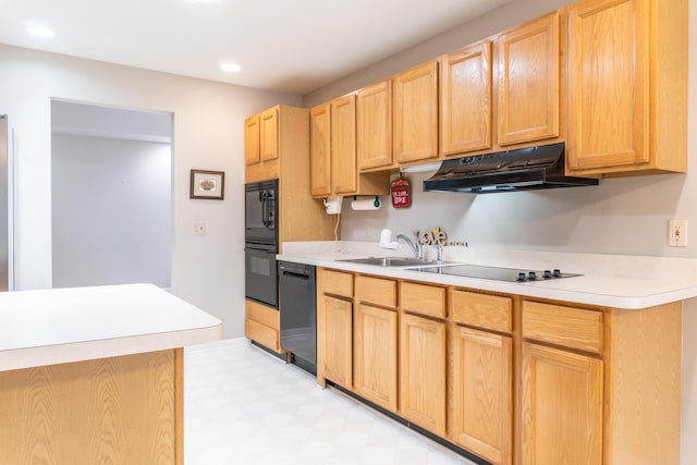 21329 Mulberry Ct, Farmington Hills, MI 48336 - kitchen featuring light brown cabinets, black appliances, under cabinet range hood, light floors, and a sink