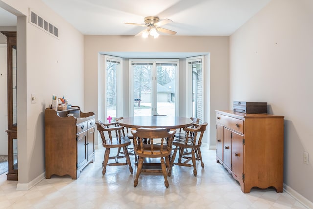 21329 Mulberry Ct, Farmington Hills, MI 48336 - dining space featuring baseboards, a ceiling fan, visible vents, and light floors