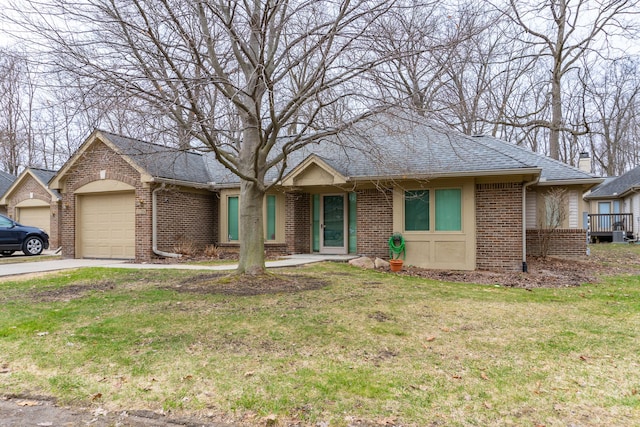 21329 Mulberry Ct, Farmington Hills, MI 48336 - ranch-style home featuring driveway, a front lawn, an attached garage, brick siding, and a shingled roof
