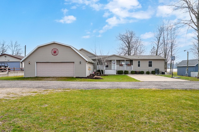 ranch-style house with a garage, gravel driveway, a porch, and a front lawn