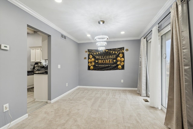 interior space with visible vents, light colored carpet, an inviting chandelier, and crown molding
