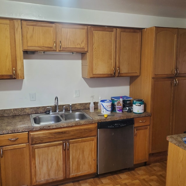 20209 Stotter St, Detroit, MI 48234 - kitchen with a sink, stainless steel dishwasher, dark countertops, and brown cabinets