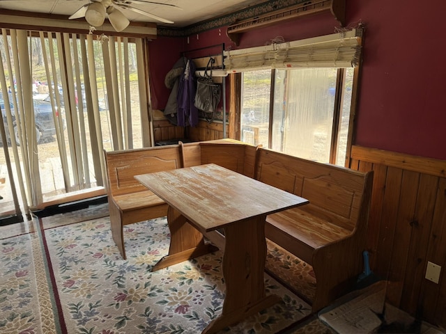 dining area with a wealth of natural light and ceiling fan