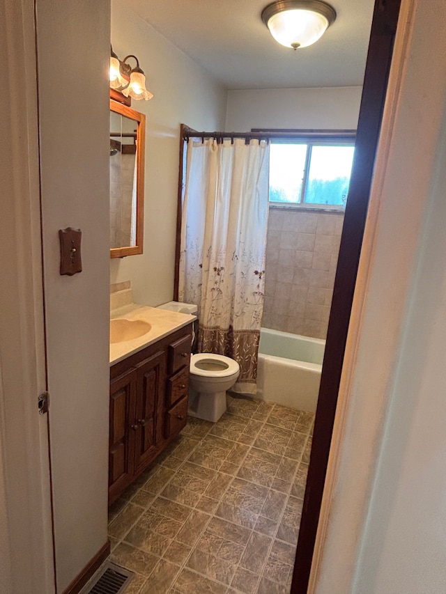 8233 Farrand Rd, Otisville, MI 48463 - bathroom with visible vents, vanity, shower / bath combination with curtain, and toilet