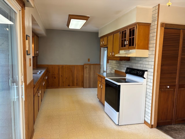 8233 Farrand Rd, Otisville, MI 48463 - kitchen with brown cabinets, a wainscoted wall, under cabinet range hood, light floors, and electric range oven