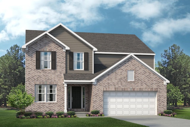 view of front facade with a garage, brick siding, driveway, and a front lawn