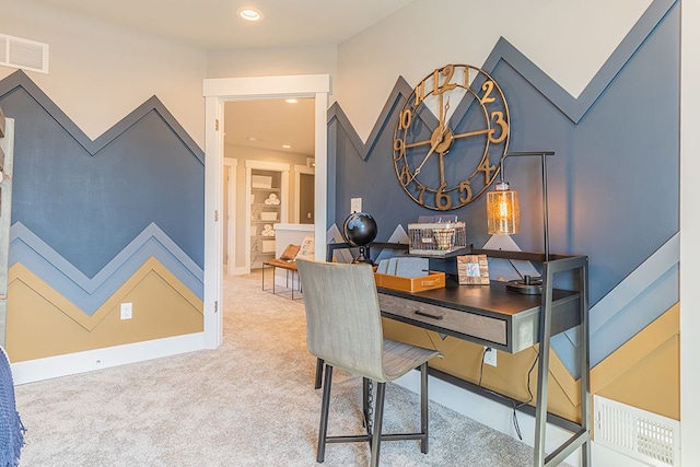 carpeted home office with built in features, baseboards, visible vents, and recessed lighting