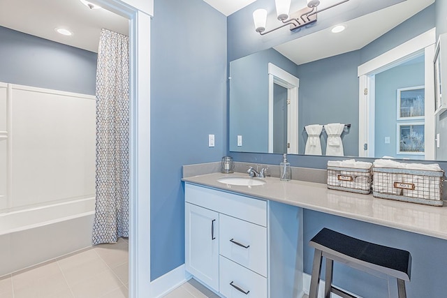 bathroom with tile patterned floors, shower / tub combo, and vanity