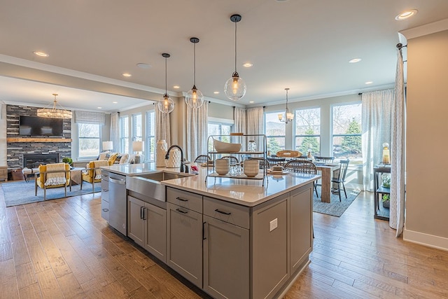 kitchen featuring light wood-style flooring, a kitchen island with sink, a sink, dishwasher, and gray cabinetry