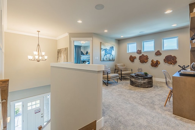living area featuring a chandelier, recessed lighting, carpet flooring, and baseboards