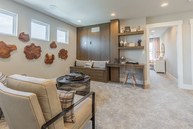 interior space with baseboards, carpet, visible vents, and recessed lighting