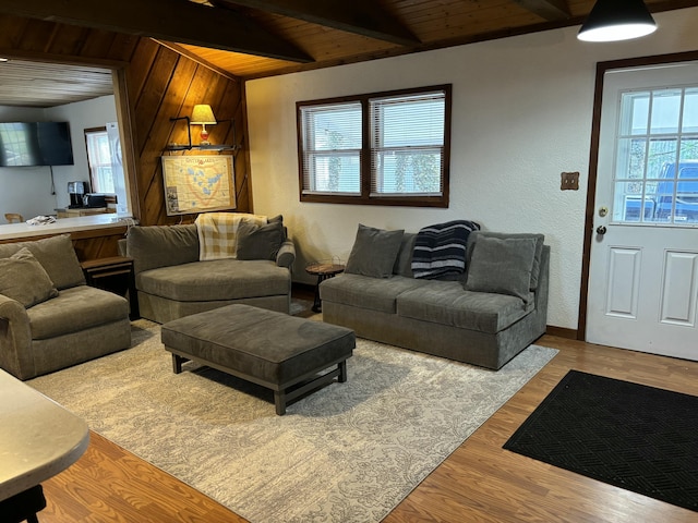 living area featuring wooden ceiling, wood finished floors, beam ceiling, and a wealth of natural light