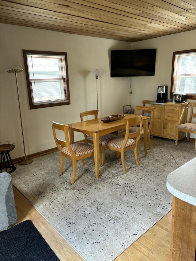 dining room featuring light wood-style flooring and wooden ceiling