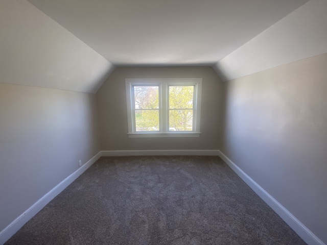 additional living space featuring vaulted ceiling, carpet floors, and baseboards