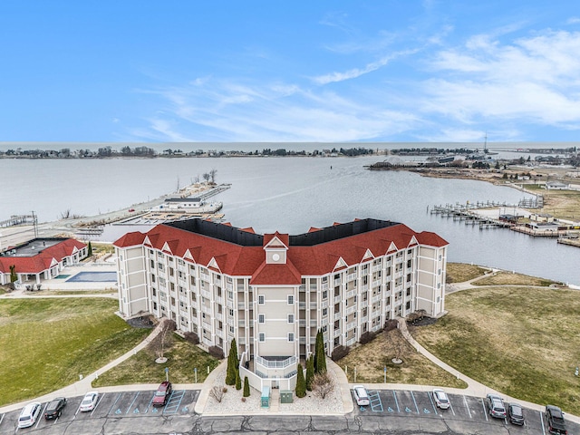 aerial view featuring a water view
