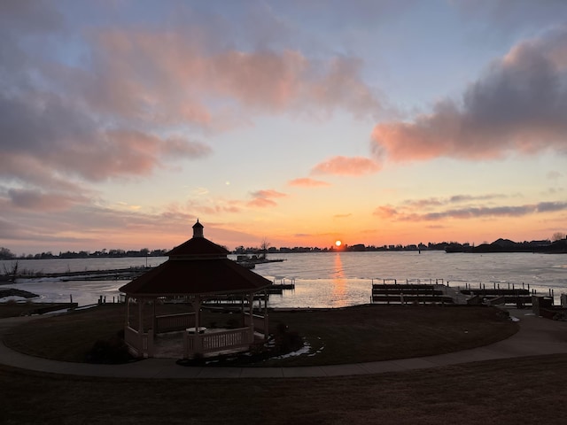 property view of water with a gazebo